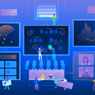 Illustration of people working with larger-than-life task boards, reports, video calls, etc.