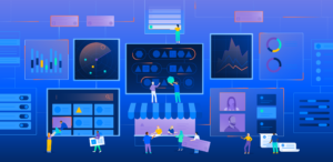 Illustration of people working with larger-than-life task boards, reports, video calls, etc.