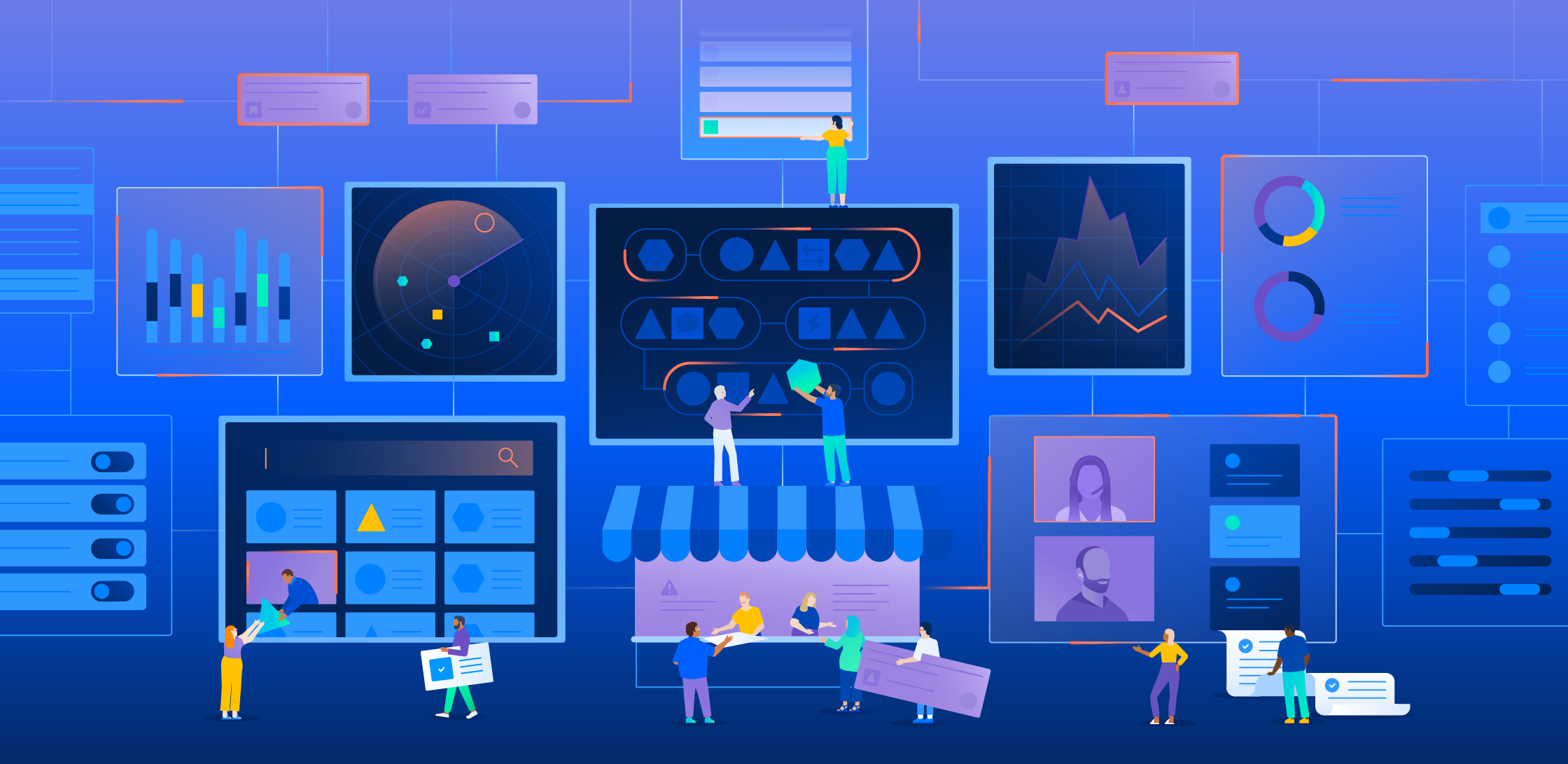 Illustration of people working with larger-than-life task boards, reports, video calls, etc.