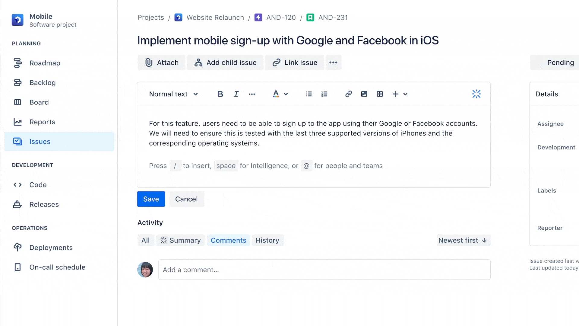 A product owner asks Atlassian Intelligence to outline the operating systems for testing an update