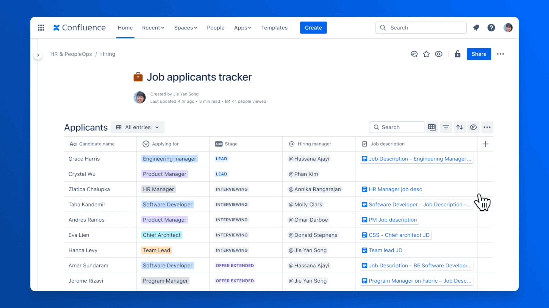 Animation showing how to create database entries in Confluence