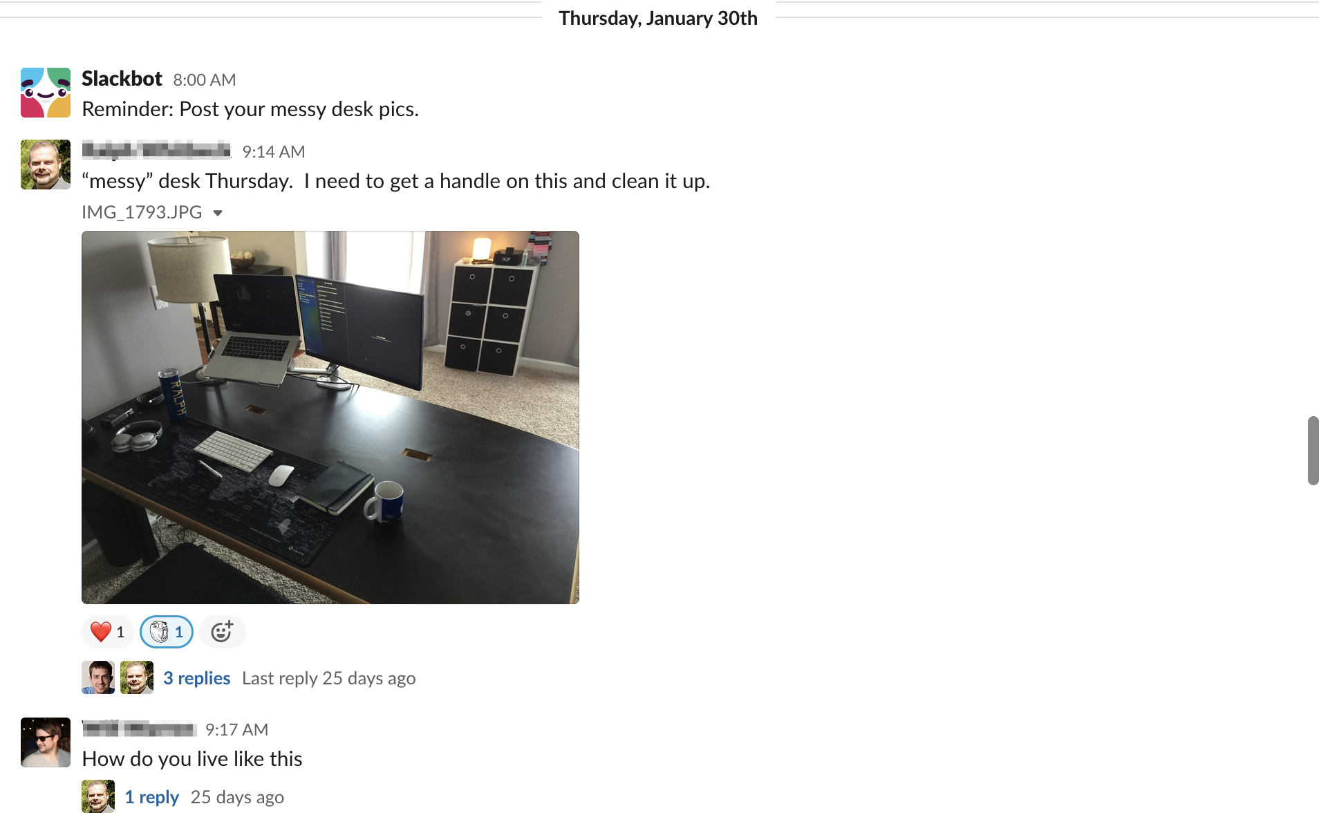 Screenshot of an Atlassian conversation about messy desks in Slack