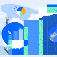 Collage of imagery: bar graphs, clouds, hands, buildings