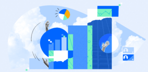 Collage of imagery: bar graphs, clouds, hands, buildings