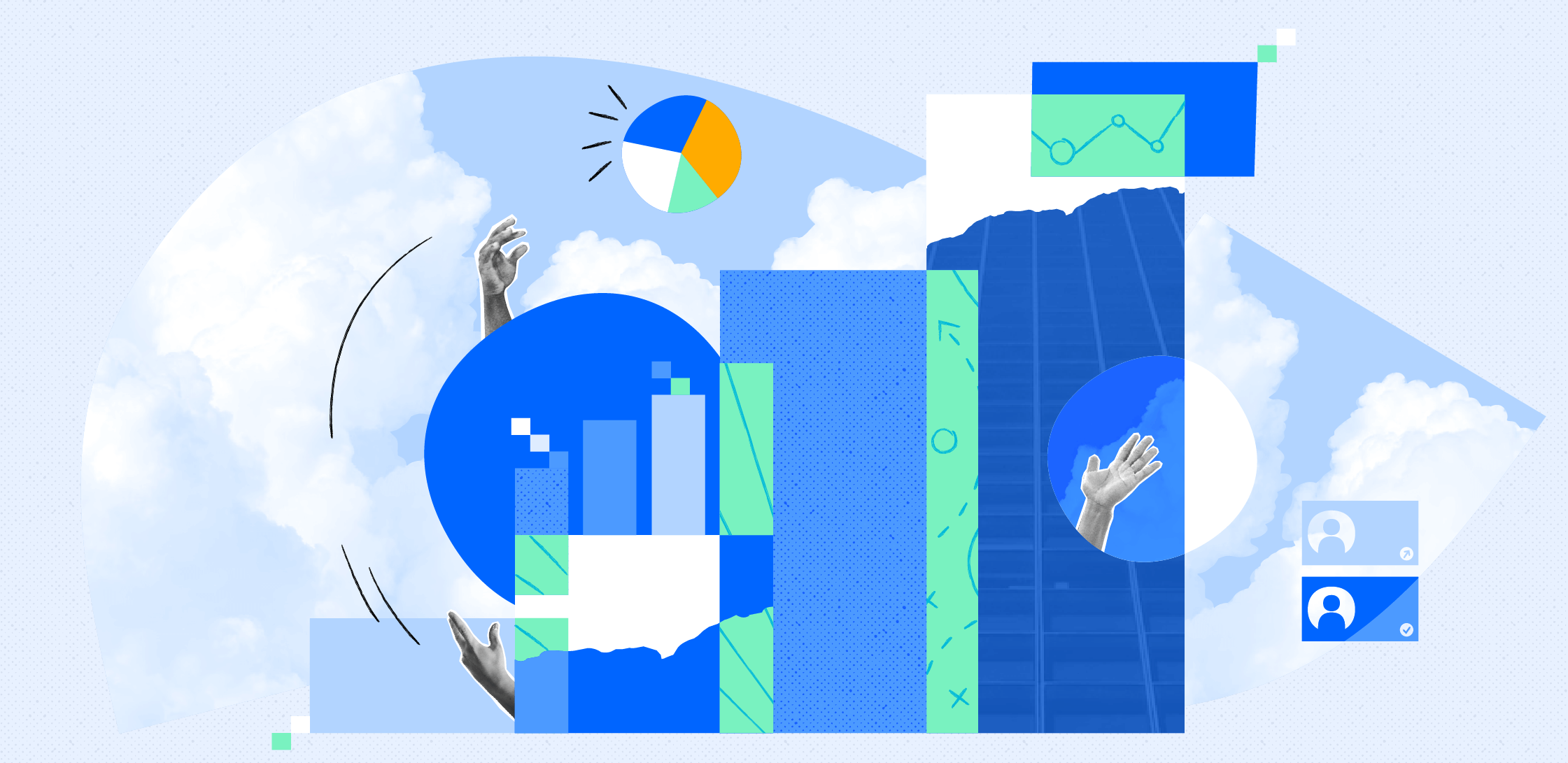 Collage of imagery: bar graphs, clouds, hands, buildings