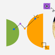 Abstract illustration with colorful half-circles and a photo of people gathered around a laptop