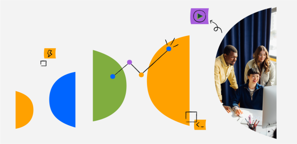 Abstract illustration with colorful half-circles and a photo of people gathered around a laptop